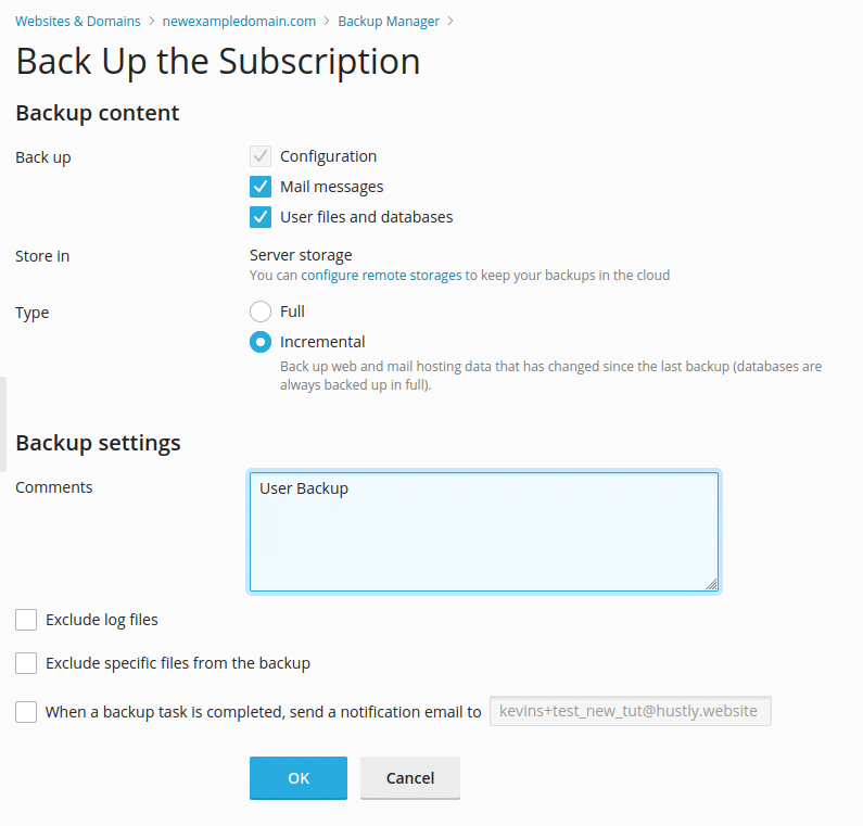 Plesk - create backup