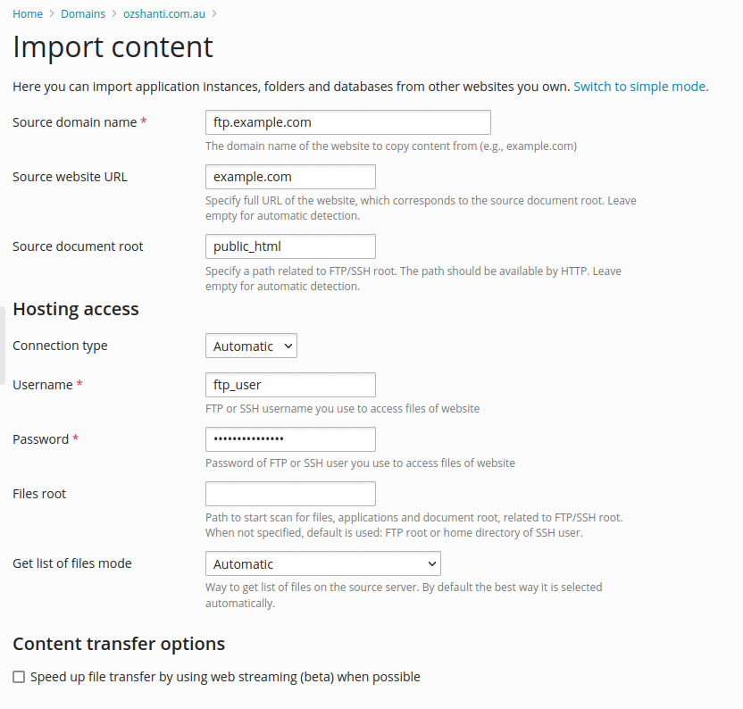 Plesk website import settings