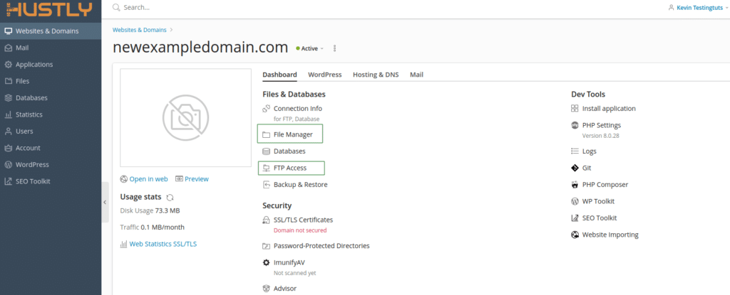 FTP Access & File Manager via Plesk